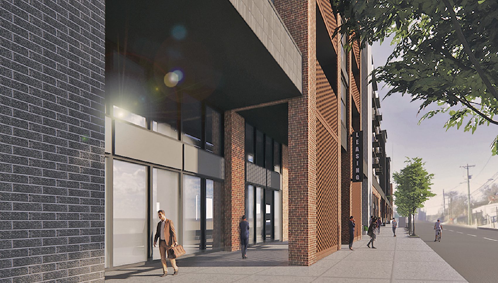Street-level rendering of a LEFT Development project entrance